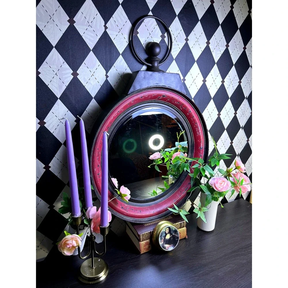 Oversized Industrial Round Mirror Distressed Berry Metal Wall Accent 24